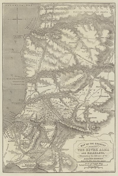 連合国軍の前進を示すアルマ川とバラクラ川の間の国の地図 作： John Dower